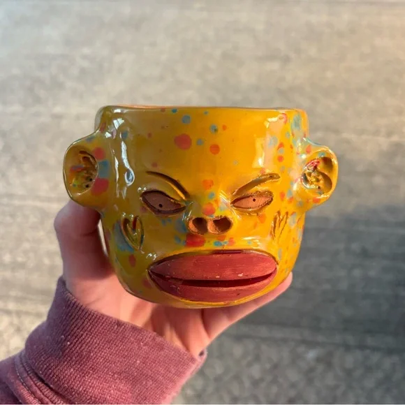 Vibrant Yellow Ceramic Monkey Planter - Picture 1 of 6
